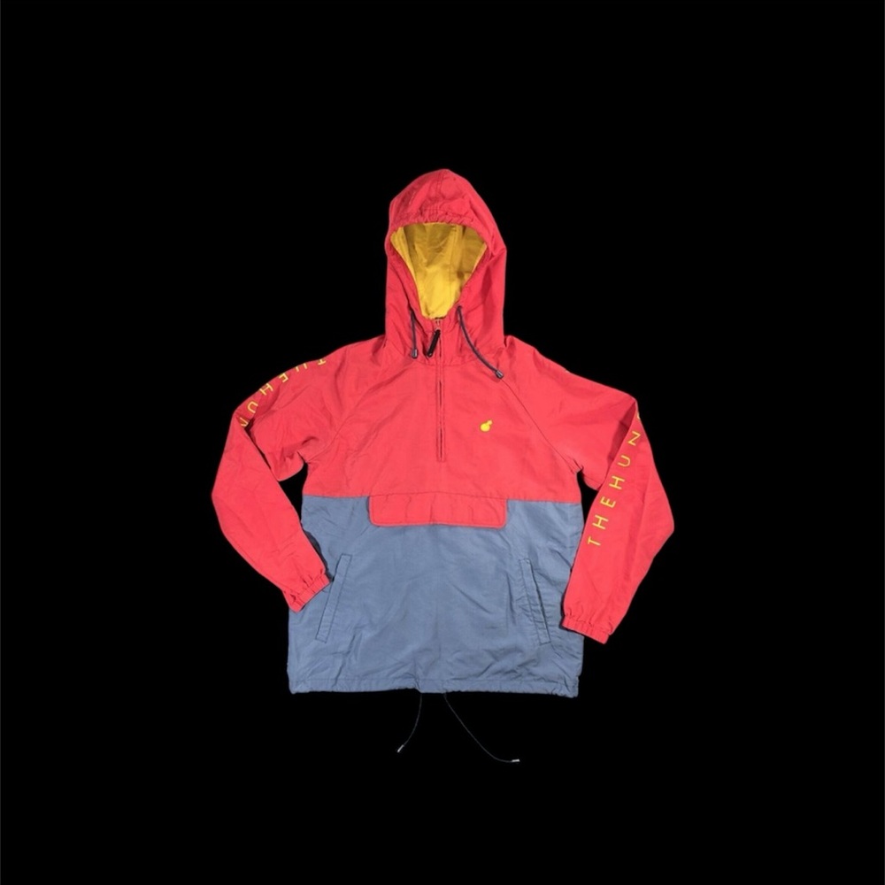 The Hundreds 1/4 Zip Hoodie Nylon Pockets Sleeve Spellout Red Gray Mens Size M